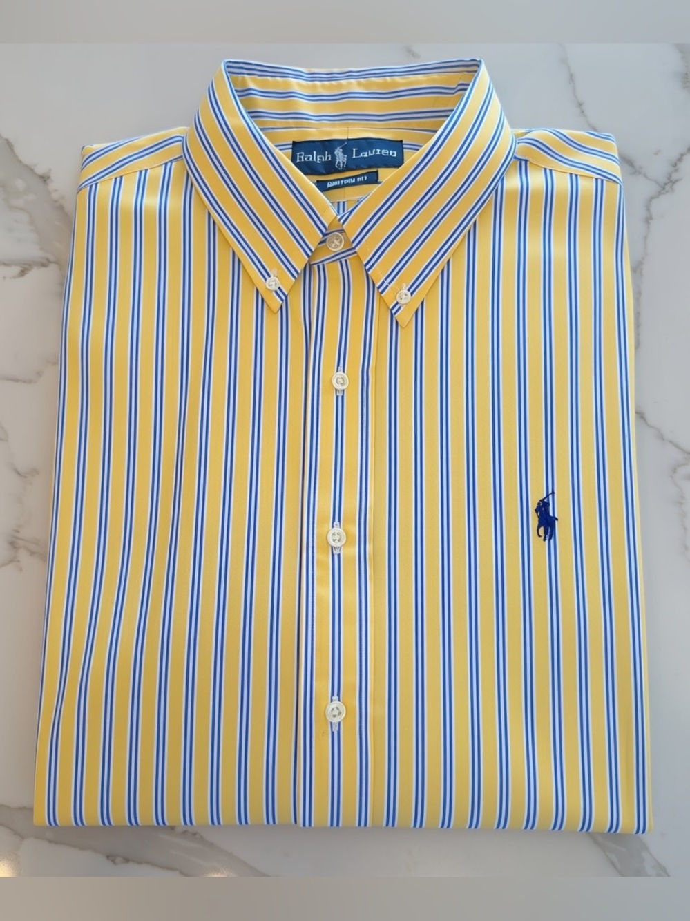 Ralph Lauren Yellow Blue White Striped Custom Fit Button Down Shirt XL Navy Pony